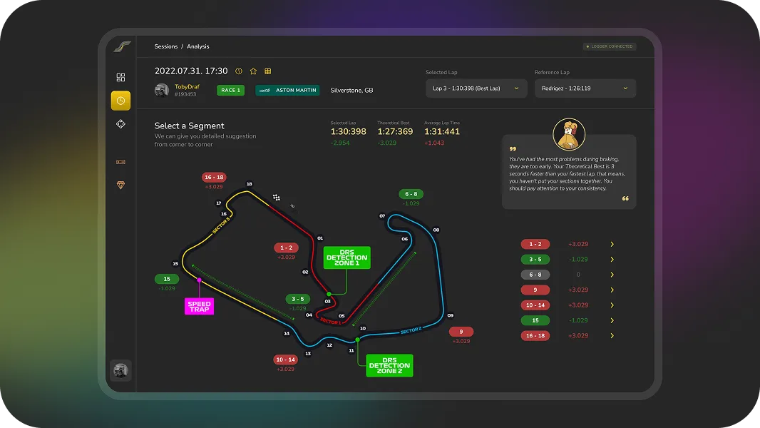 Sim racing telemetry analysis interface